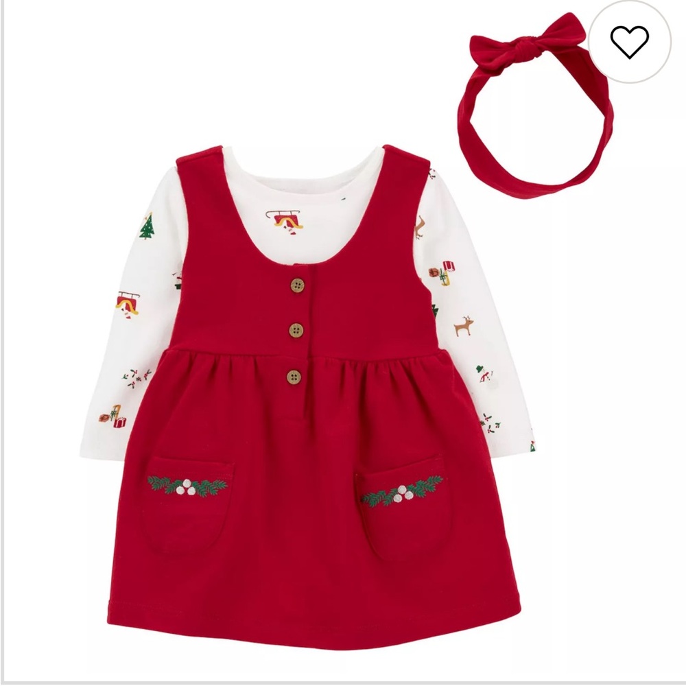 Carter's Red Holiday Pinafore Dress with White Print Tee and Red Headband